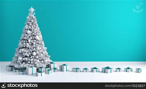 Christmas Tree Background with Copy Space on Blue Wall. Christmas Tree Background with Copy Space