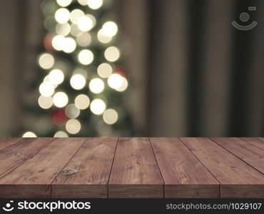 Christmas tree background with empty wooden table
