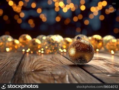 Christmas tree ball decorations on wooden table and bokeh background.AI Generative