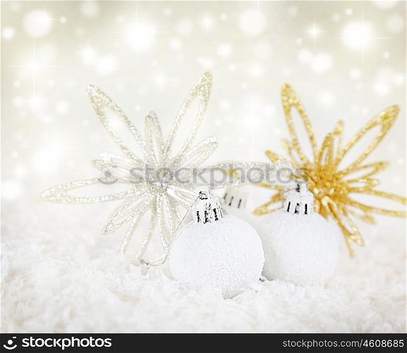 Christmas tree bauble ornament &amp; stra decoration as a holiday background border card over abstract defocused magic lights