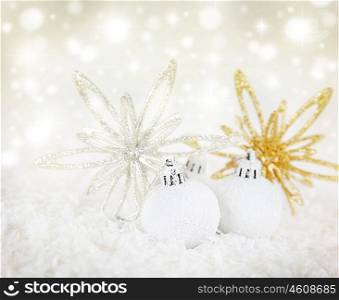 Christmas tree bauble ornament &amp; stra decoration as a holiday background border card over abstract defocused magic lights