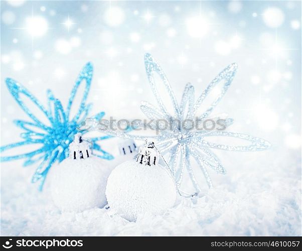 Christmas tree bauble ornament &amp; strar decoration as a holiday background border card over abstract defocused magic lights
