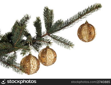 Christmas tree branch with adornments, isolated on white