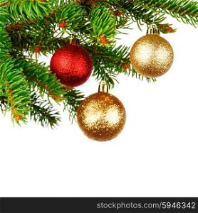 Christmas tree branch with decoration ball isolated on white