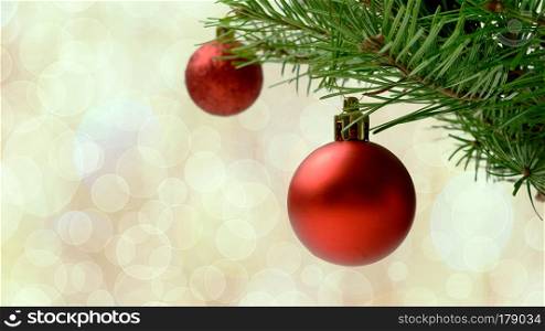 Christmas tree branch with red balls. Christmas greeting background with fir branch and red ornaments. Christmas decoration with bauble hanging. Copy space.