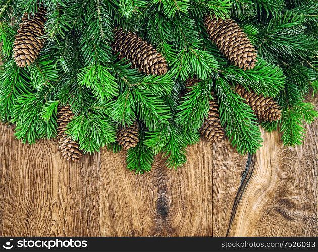 Christmas tree branches with cones on wooden background. Undecorated evergreen twigs