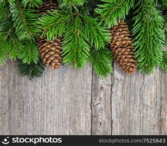 Christmas tree branches with pine cones. Green border from undecorated evergreen twigs