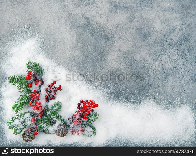 Christmas tree branches with red berries. Holidays decoration