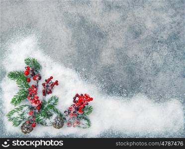 Christmas tree branches with red berries. Holidays decoration