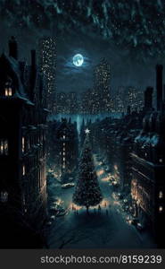 Christmas tree city decoration ,winter starry night and yellow moon on sky , snowy town