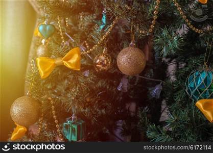 Christmas tree closeup. Christmas tree decoration closeup for New year background