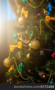 Christmas tree closeup. Christmas tree decoration closeup for New year background