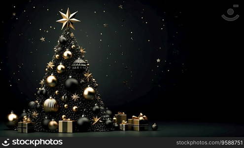 Christmas tree decorated with shiny balls and many presents on floor on black background