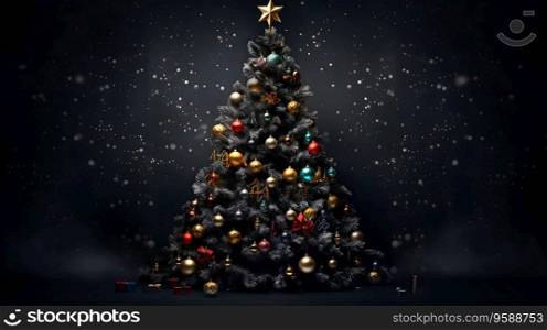 Christmas tree decorated with shiny balls and many presents on floor on black background