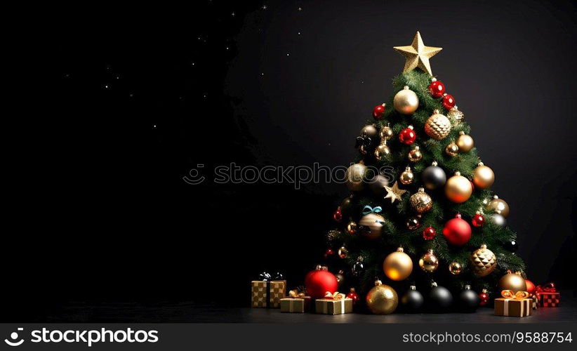 Christmas tree decorated with shiny balls and many presents on floor on black background