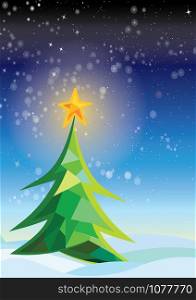 Christmas tree decorated with yellow star lights decoration snow winter pine tree outdoors nature background / Merry Christmas and a happy new year at night , vector illustration