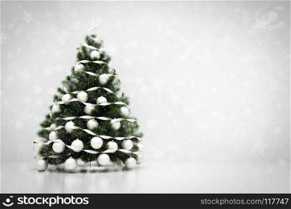 Christmas tree decoration on clean white background with snowing and glitter effect. 3D rendering. Christmas tree. Snowing and glitter background