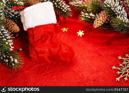 Christmas tree decorations on red paper