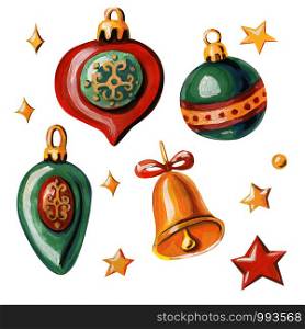 Christmas tree decorations. Red and yellow stars, green ball, golden bell with red ribbon, icicles and drops isolated on a white background.. Christmas tree decorations.