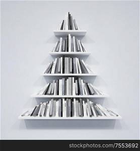 Christmas tree from books on the shelf