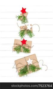 Christmas tree from gift boxes. Holidays presents. Flat lay background