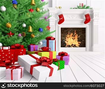 Christmas tree, gifts, fireplace in a living room interior 3d rendering