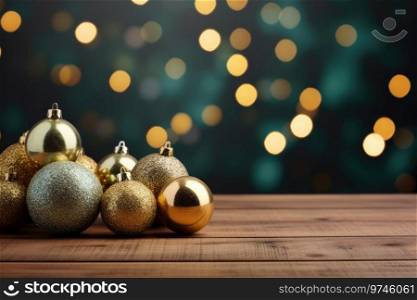 Christmas tree golden balls lie on a wooden table against the background of bokeh lights. Christmas tree balls lie on a wooden table against the background of bokeh lights