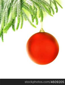 Christmas tree green border with big red hanged bauble, traditional ornament and decoration for winter holidays, isolated on white background