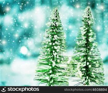 Christmas tree holiday background with winter ornament &amp; abstract defocus lights decoration