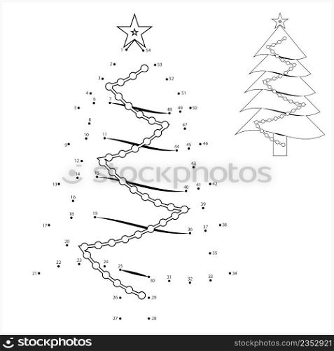 Christmas Tree Icon Dot To Dot, Spruce, Pine, Fir Traditionally Decorated Ornamental Tree Vector Art Illustration