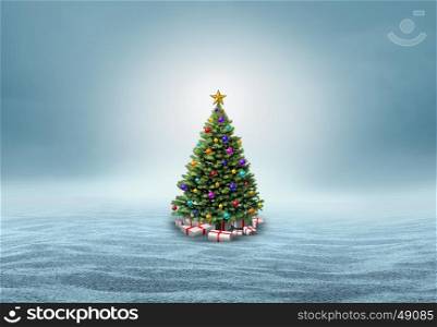 Christmas tree in a snow background with copy space as a festive winter holiday and new year greeting with 3D illustration elements.