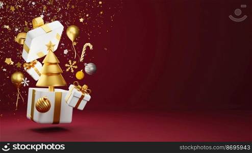 Christmas tree in gift box on red background 3D render