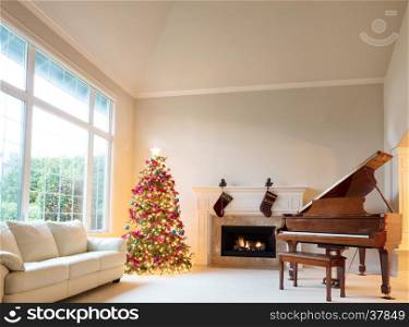 Christmas tree in living room with burning fireplace and grand piano during bright day time.
