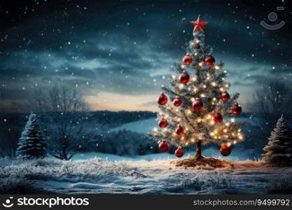 Christmas tree in snow covered woods at night