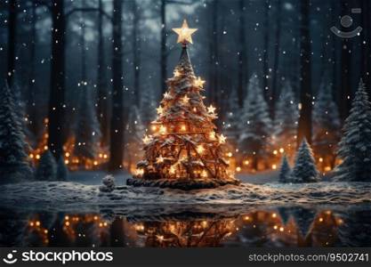 Christmas tree in snow covered woods at night
