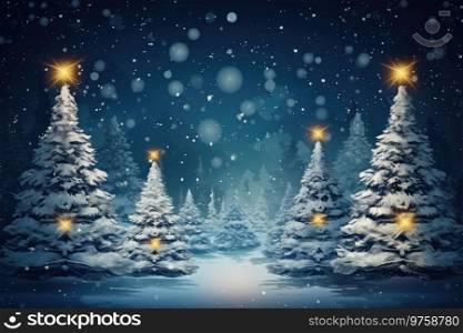 Christmas tree in snowy landscape. Holidays background