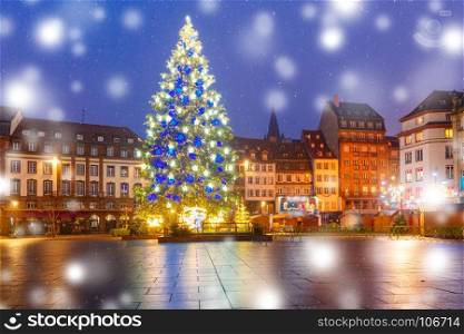 Christmas Tree in Strasbourg, Alsace, France. Christmas Tree Decorated and illuminated on the Place Kleber in Old Town of Strasbourg at night, Alsace, France