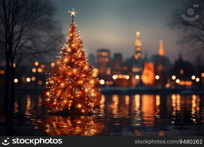 Christmas tree in the city. Generative AI