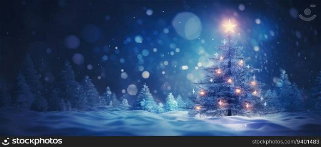 Christmas tree in the snowy forest. 3D rendering. Christmas background.