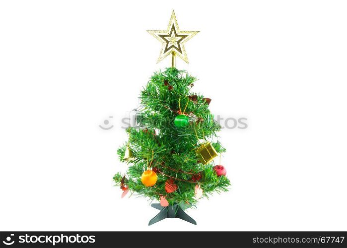 Christmas tree is ornamented with gold and silver gift box, heart red ribbon, orange and green Christmas ball, bell and gold star on white background.