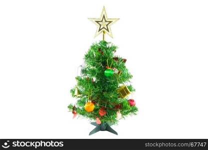 Christmas tree is ornamented with gold and silver gift box, heart red ribbon, orange and green Christmas ball, bell and gold star on white background.