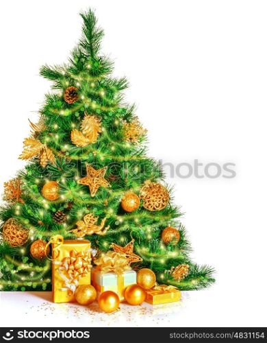 Christmas tree isolated on white background, festive border, copy space, fresh green fir tree decorated with shiny golden baubles, many gift boxes