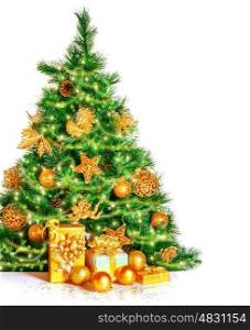 Christmas tree isolated on white background, festive border, copy space, fresh green fir tree decorated with shiny golden baubles, many gift boxes