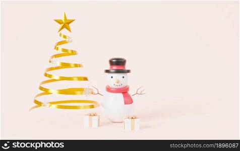 Christmas tree made of gold ribbon coil metallic, gift box and snowman cartoon on pink pastel background, New Year&rsquo;s and Xmas traditional symbol tree, Winter holiday icon, 3D rendering illustration