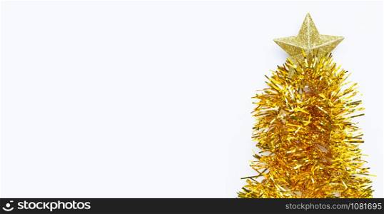 Christmas tree made of golden christmas garland with star on white background. Copy space
