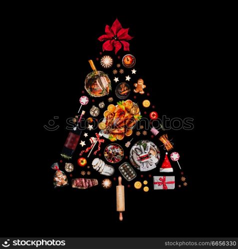 Christmas tree made with various Christmas food: turkey on platter, roasted ham, sweets and candies, cookies , mulled wine, gingerbread man decorated with gift box and poinsettia. Isolated on black