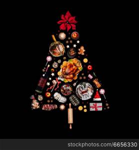Christmas tree made with various Christmas food: turkey on platter, roasted ham, sweets and candies, cookies , mulled wine, gingerbread man decorated with gift box and poinsettia. Isolated on black