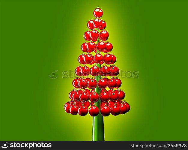 Christmas tree of glossy red baubles balls 3d render on red