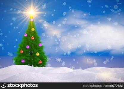 Christmas tree on the snow and snowflakes. 3d render