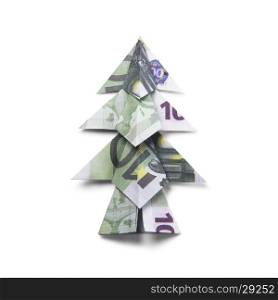 Christmas tree origami made of banknotes euro. Handmade. Money Origami Christmas tree